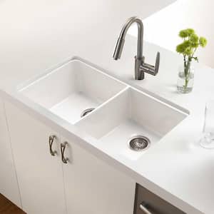 Platus Undermount Fireclay 32 in. 50/50 Double Bowl Kitchen Sink in White