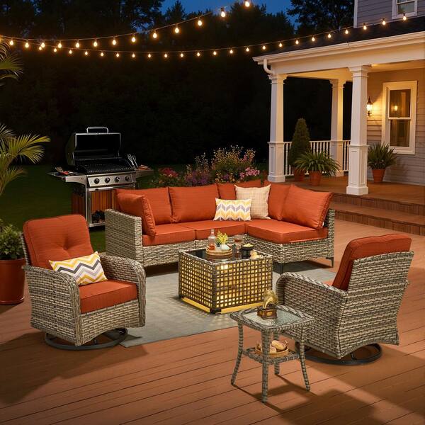 Solvoc Gray 8-Piece Wicker Outdoor Patio Conversation Set with Stripe Red Cushion, Swivel Chair, Lights Coffee Table