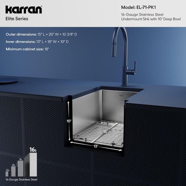 Karran 16-Gauge Stainless Steel 15 in. Undermount Bar Sink