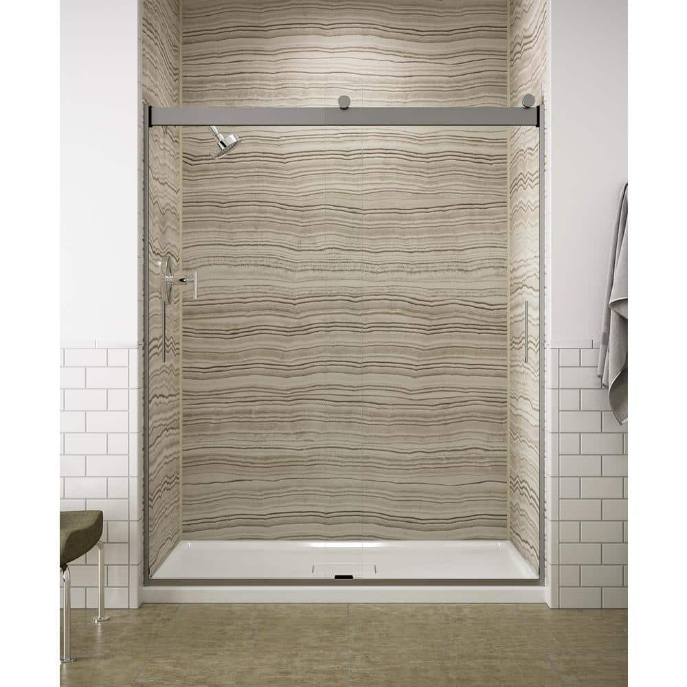 Levity Collection K-706009-L-SH 60"" CleanCoat Frameless Sliding Shower Door with 0.25"" Thick Crystal Clear Glass and Vertical Blade Handles in Bright -  Kohler