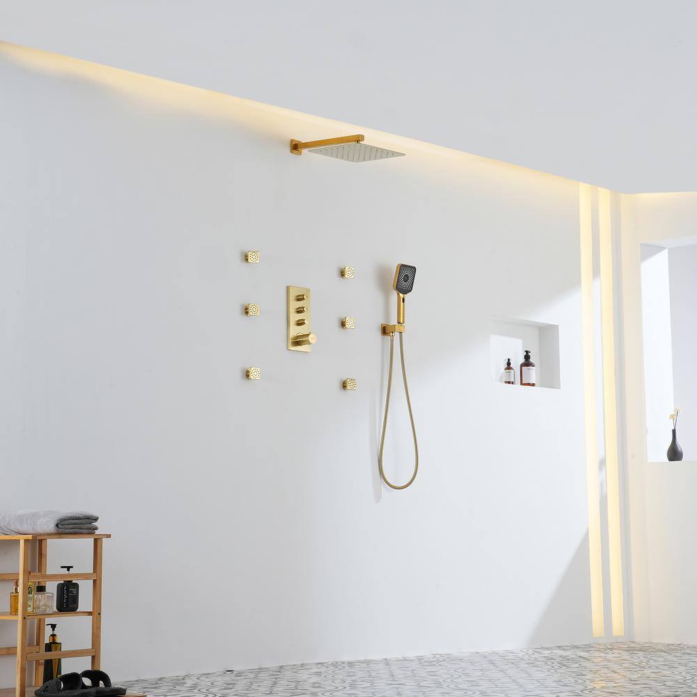 Brushed Gold Dual Square Wall Mount Shower System with Handheld