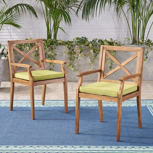 2-Pieces Acacia Wood Outdoor Dining Chairs in Teak with Green Cushions for Garden