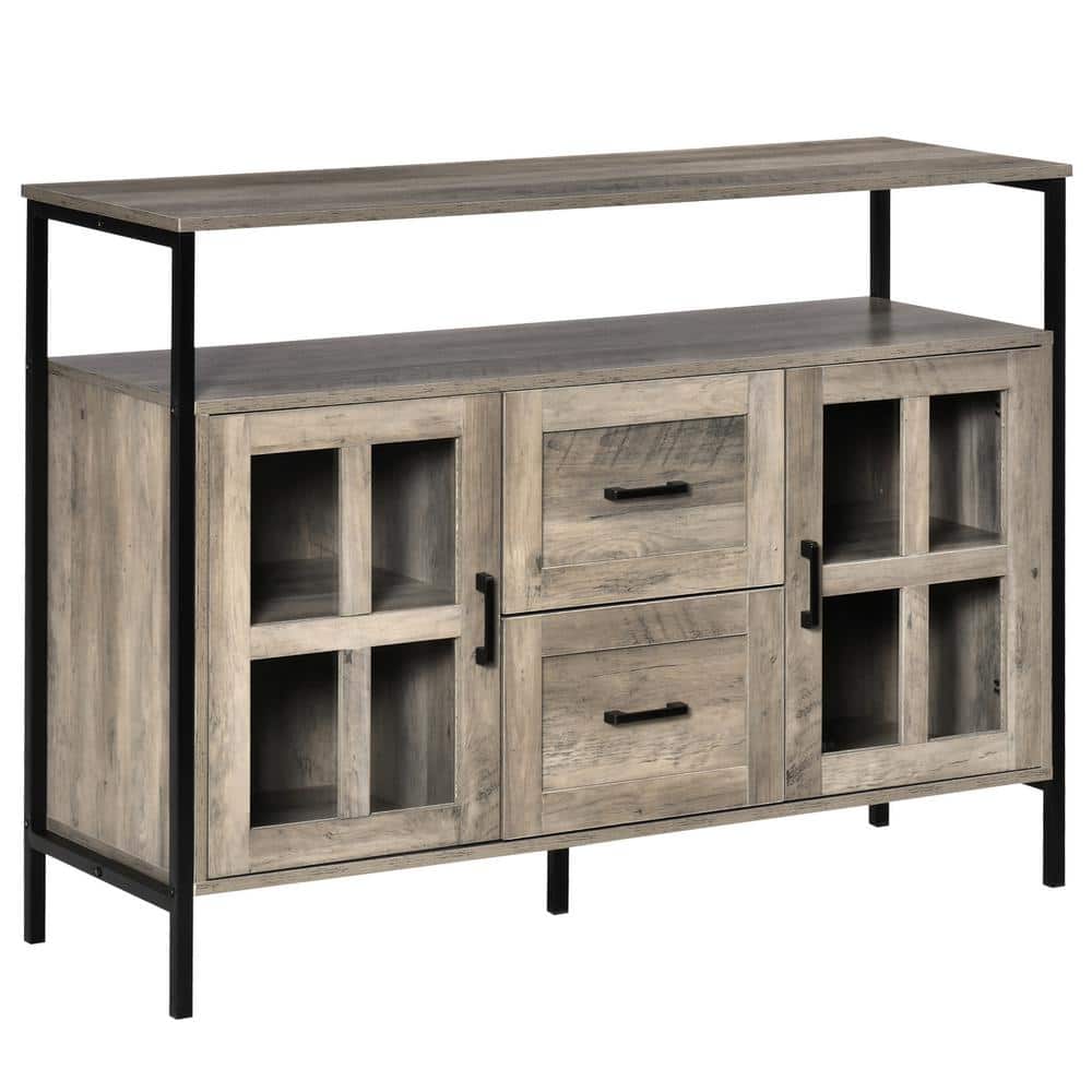 Grey Buffet Cabinet with Drawers and Glass Doors
