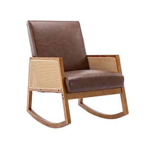 Modern Comfy Upholstered Brown Faux Leather Glider Rocker Armchair with Rattan Arms
