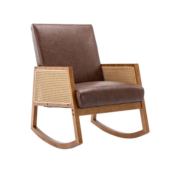 HOMEFUN Modern Comfy Upholstered Brown Faux Leather Glider Rocker Armchair with Rattan Arms