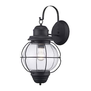 Catalina 19 in. 1-Light Black Outdoor Wall Light Fixture with Seeded Glass