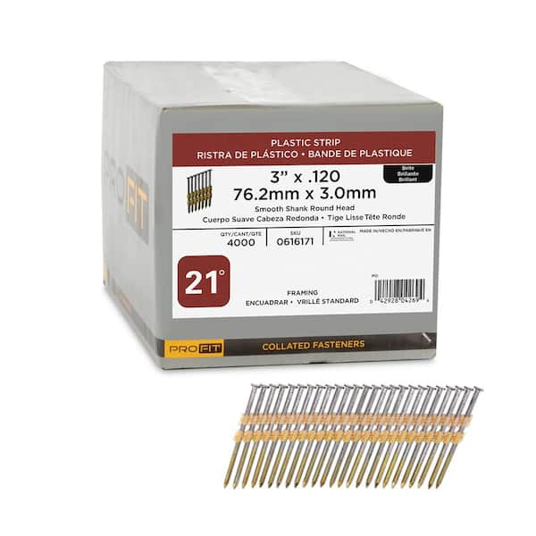 3 in. x 0.120-Gauge 21° Bright Finish Smooth Shank Plastic Strip Framing Nails (4000 per Box)