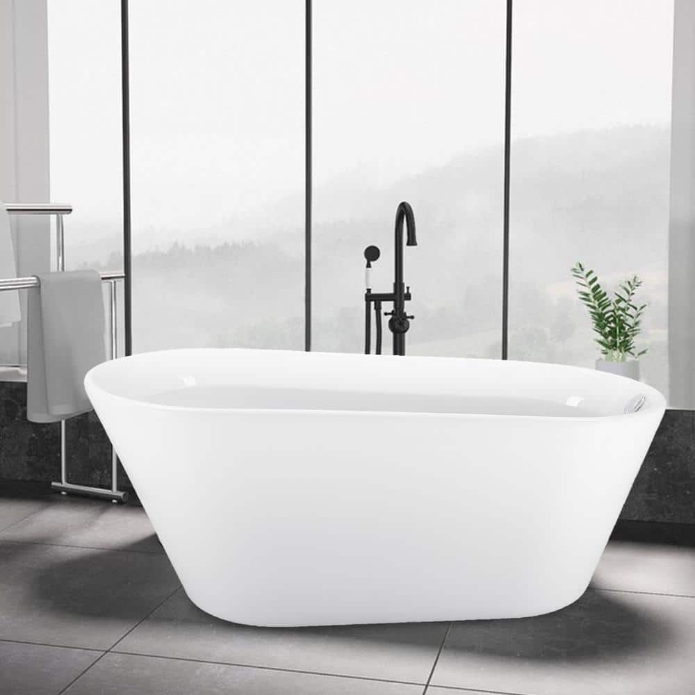 65 in. Acrylic Oval Flatbottom Freestanding Soaking Bathtub in Glossy White