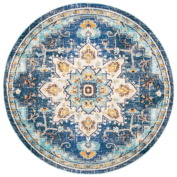 SAFAVIEH Madison Blue/Light Blue 8 ft. x 8 ft. Border Geometric Floral Medallion Round Area Rug