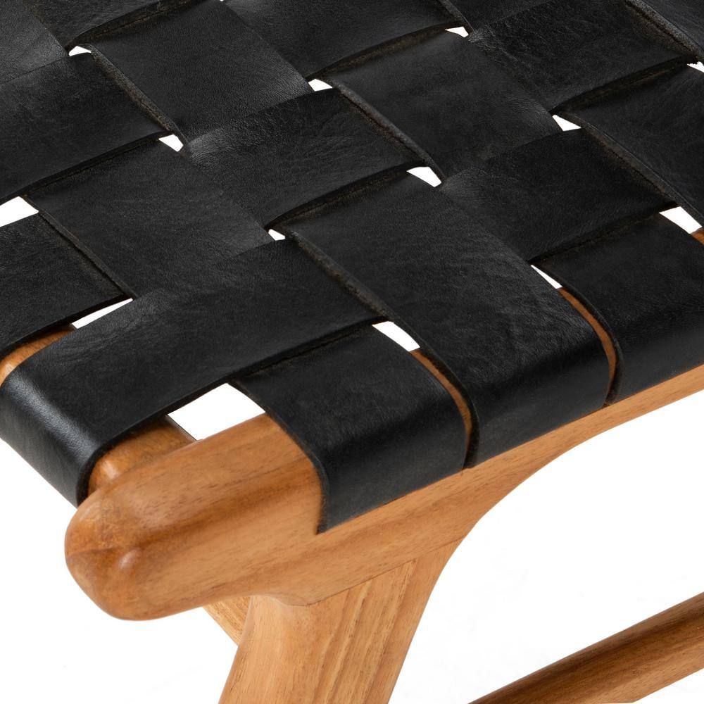 Taika Black Woven Leather and Natural Wood Dining Chair Set
