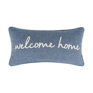 Tobago Blue, White Welcome Home Crewel Embroidered 12 in. x 24 in. Throw Pillow