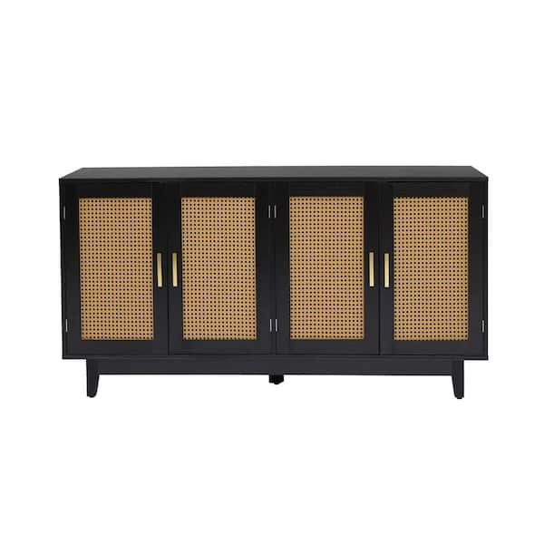 Uixe Black 30 in. H 4 Rattan Doors Accent Storage Cabinet
