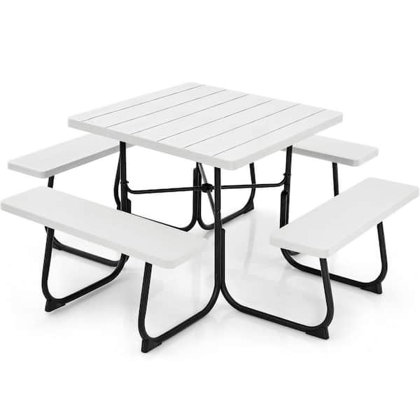 8 Person Outdoor Picnic Table with 4 Built-in Benches, HDPE Tabletop, Metal Frame, Umbrella Hole, White