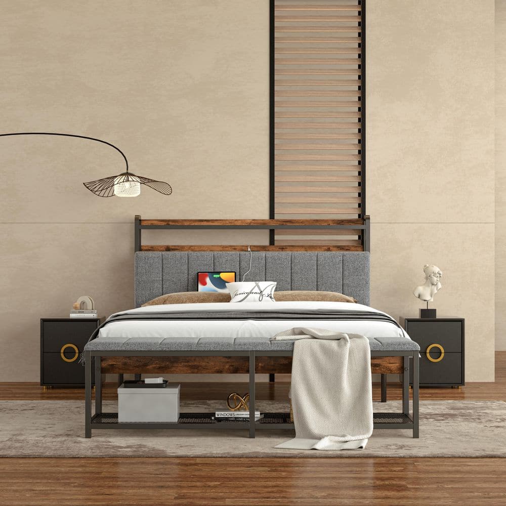 Industrial Bed Gray Metal Frame Full Platform Bed with Lighted Headboard Smart Charging Station and Upholstered Bench price history on PriceWatchPro