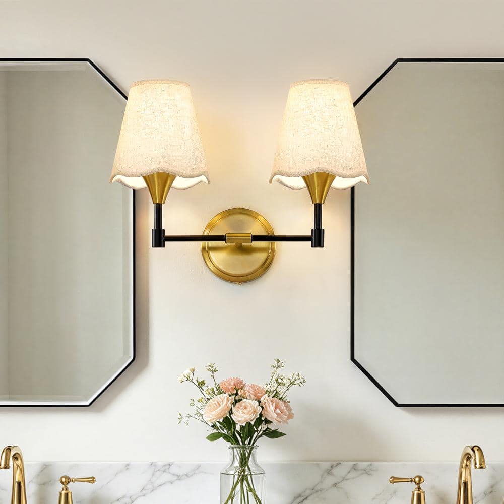 16 In. 2 Light Black and Gold Modern Indoor Vanity Light, Dimmable, with Fabric Shade and E26 Socket Base price history on PriceWatchPro
