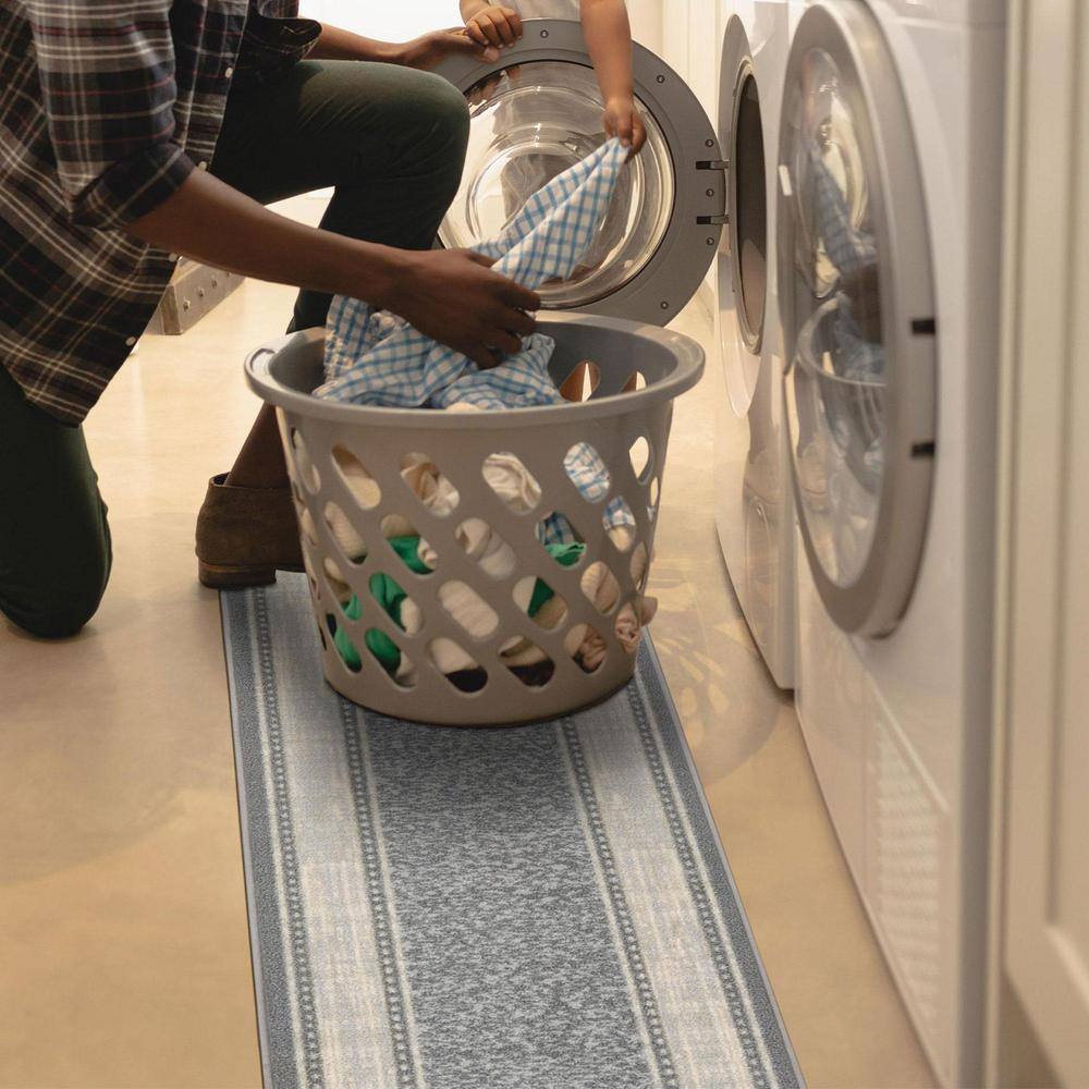 Light Gray Bordered Non-Slip Synthetic Runner Rug, 1'10" x 7'