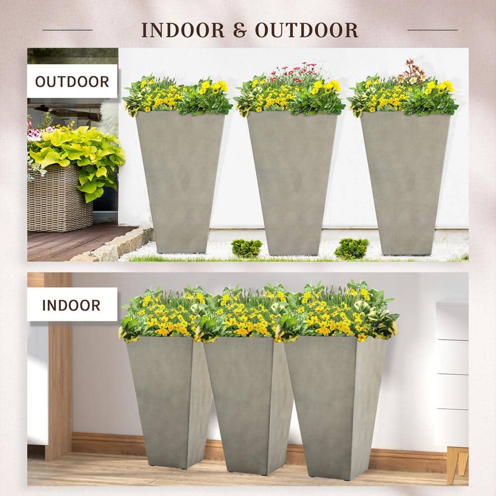 Set of 3 Tall Gray Polypropylene Square Planters with Drainage Hole