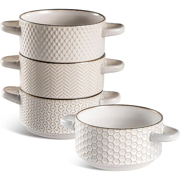 4-Piece Embossed Ceramic Soup Bowls Set with Handles Microwave Oven Dishwasher Safe Stoneware for French Onion