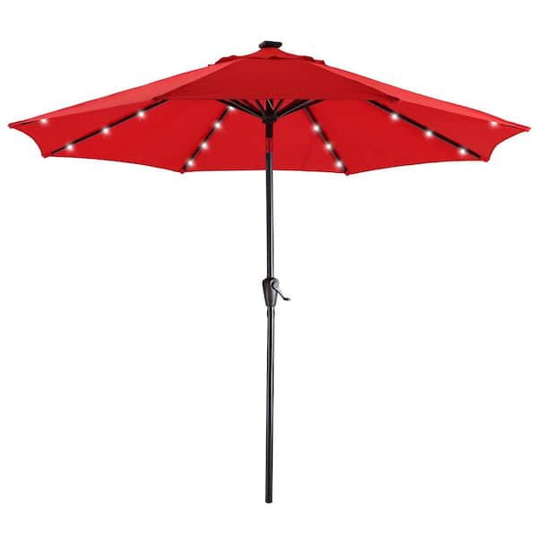 maocao hoom 9 ft. Steel Pole Outdoor Market Push Button Tilt and Crank Patio Umbrella with 32 LED Solar Lights in Red