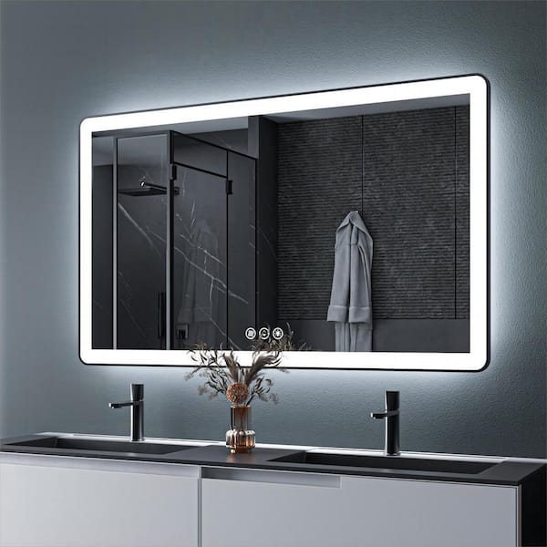 60 in. W x 36 in. H Rectangular Framed LED Anti-Fog Wall Mount Bathroom Mirror in Black with Backlit and Front Light