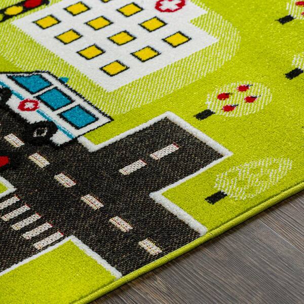 Modern Coloured Children Carpets 'Candy Town' Green Yellow City Street for Kids 