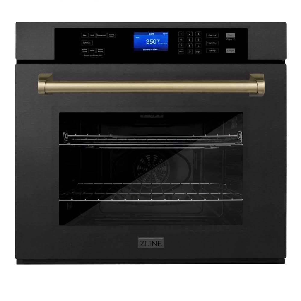 ZLINE Kitchen and Bath Autograph Edition 30 in. Single Electric Wall Oven w/ True Convection & Champagne Bronze Handle in Black Stainless Steel, Black Stainless Steel & Champagne Bronze