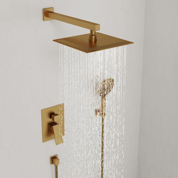 Double Handle 3-Spray 10 in. Wall Mount 2.5 GPM High Pressure Shower Faucet with 4-Pieces Towel Rack Set in Brushed Gold