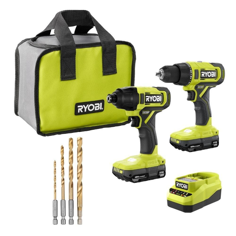 RYOBI ONE+ 18V 2-Tool Combo Kit w/ Drill, Impact Driver, (2) Batteries, & Charger w/ Titanium 4PC Hex Shank Twist Bit Set (1200K2XAR1860G)