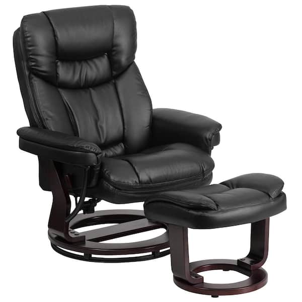 Flash Furniture Contemporary Black Leather Recliner and Ottoman with Swiveling Mahogany Wood Base