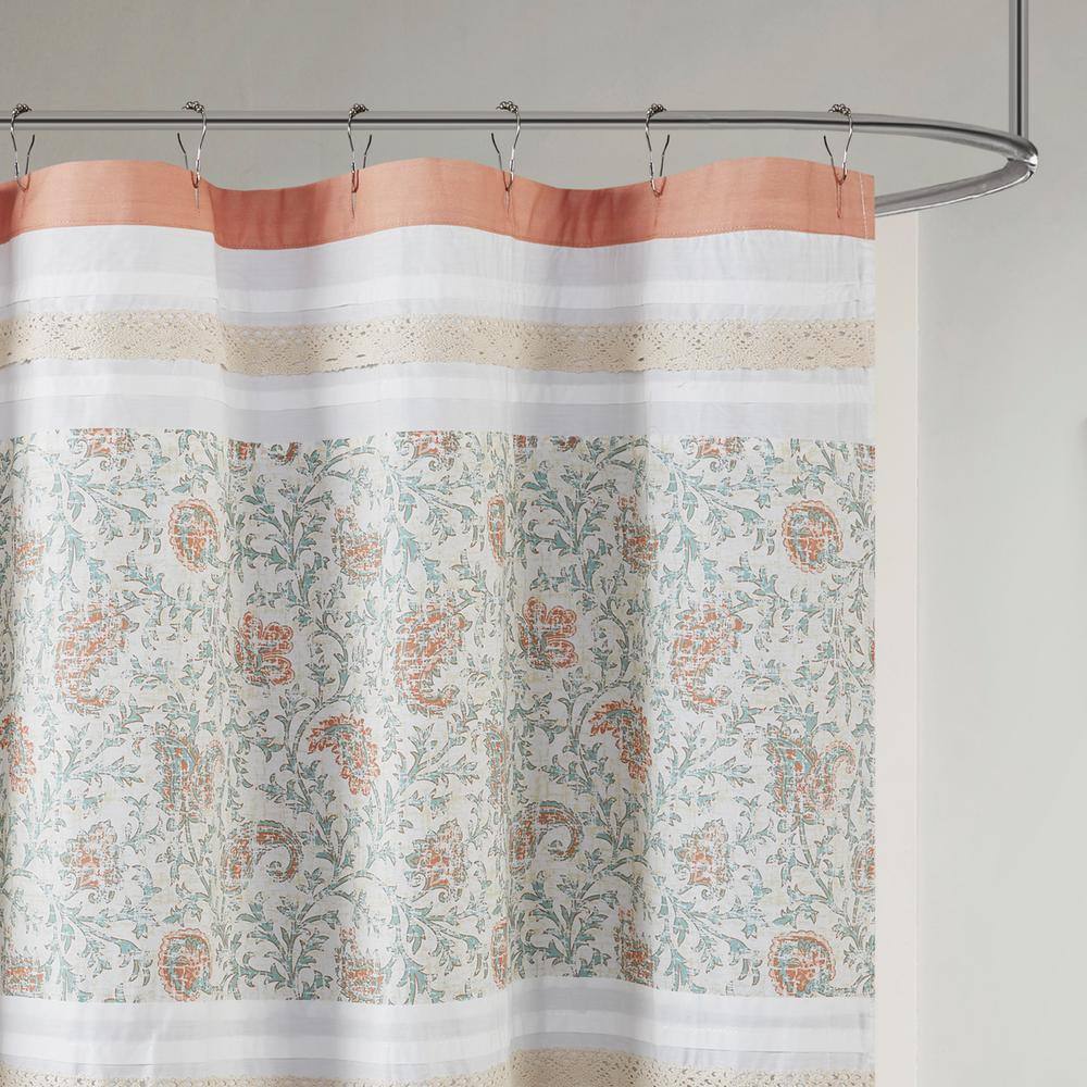 Coral and White Cotton Paisley Shower Curtain
