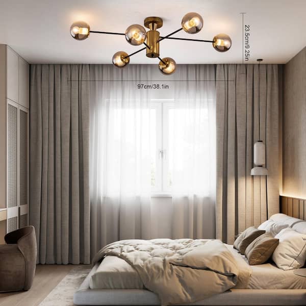 OUKANING 38.1 in. 6-Light Gold Modern Sputnik Semi-Flush Mount
