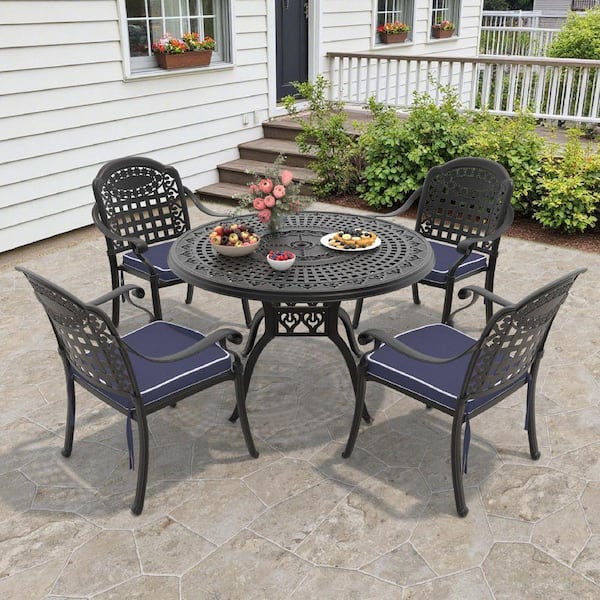 Vintage 5-Piece Cast Aluminum Patio Outdoor Dining Set with Round Dining Table, 4 Swivel Chairs and 4 Blue Cushions