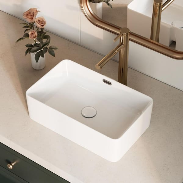 19 in. x 12 in. Rectangular Vessel Sink with Overflow, Modern White Ceramic Above Counter Sink for Bathrooms