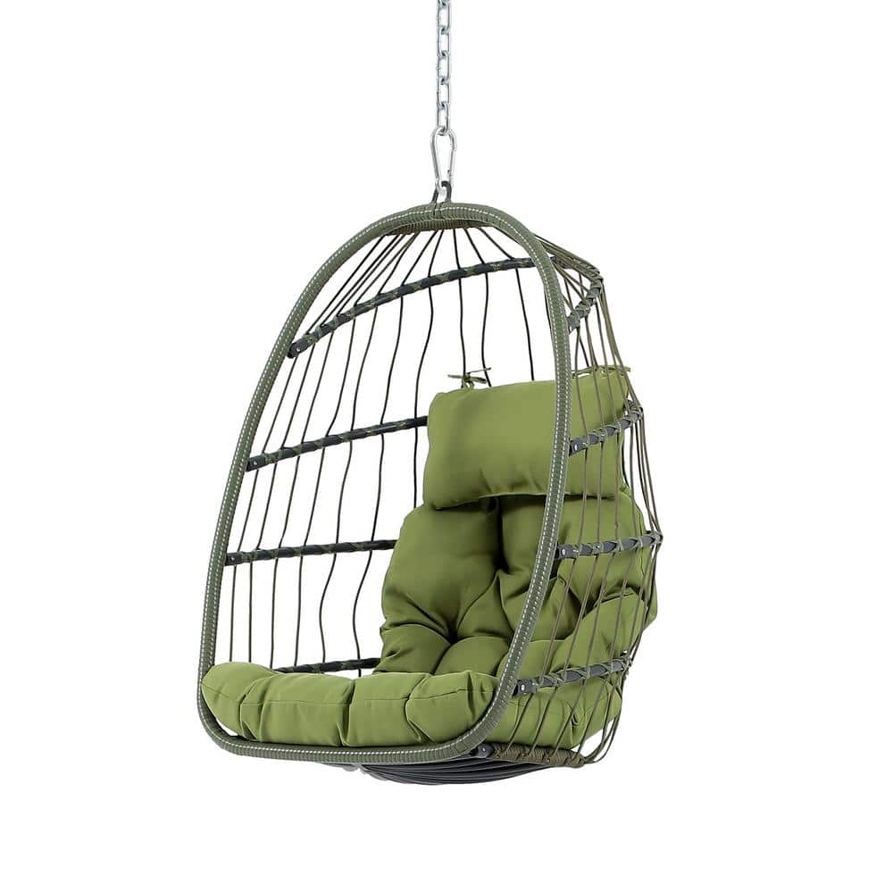 Wicker Hanging Egg Chair in Gray with Light Olive Cushions Patio Swing