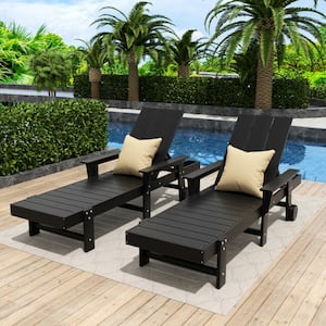 Shoreside 2-Piece Black Fade Proof Plastic Portable Poly Reclining Outdoor Patio Chaise Lounge Arm Chairs with Wheels