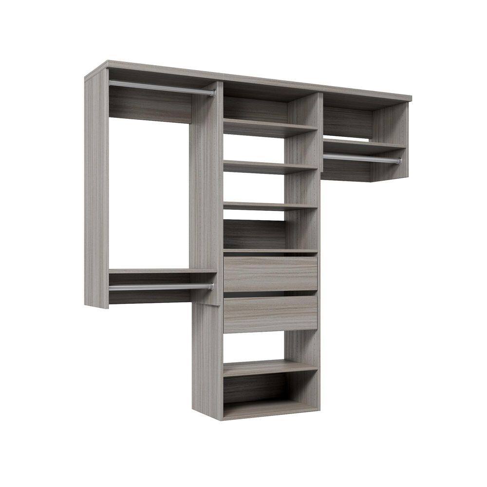 76.5 in. W Grey Oak Reach-in Wall-Mount 3-Rod 2-Reveal-Drawers 7-Shelf Wood Closet System