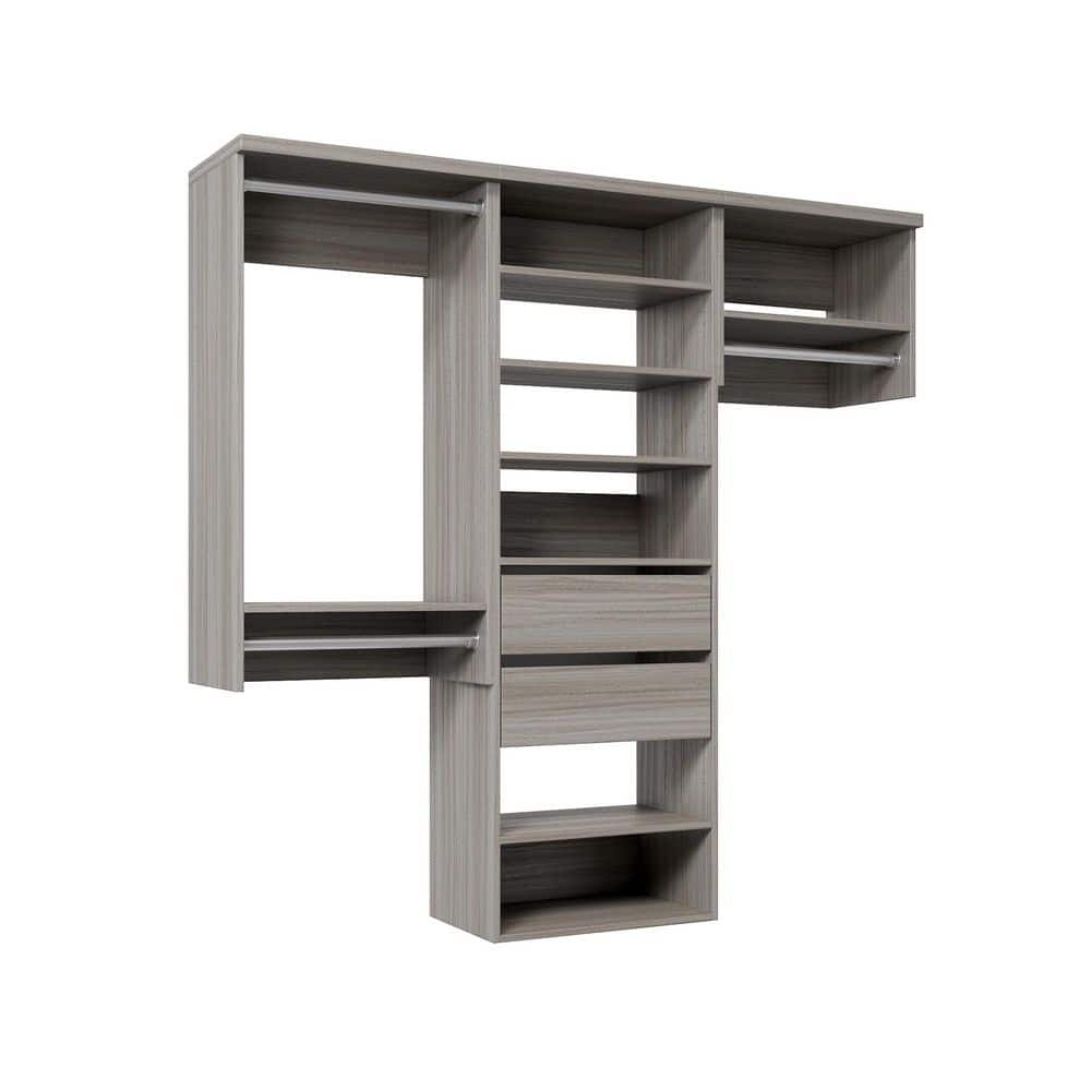 106.5 in. W Grey Oak Reach-in Wall-Mount 3-Rod 2-Reveal-Drawers 7-Shelf Wood Closet System