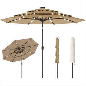 9.7 ft. Outdoor Patio Umbrella with Built In Solar LED Lights, Tilt and Crank, 3-Tier Outdoor Table Umbrella, Khaki