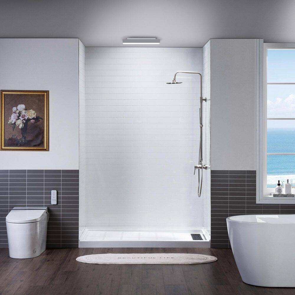 36 in. x 60 in. x 75 in. Solid Surface 3-Piece Easy Glue Up Adhesive Alcove Shower Wall Surround in High Gloss White price history on PriceWatchPro