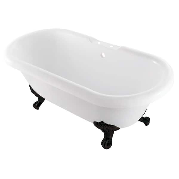 Aqua Eden 66.6 in. x 29.5 in. Cast Iron Oval Clawfoot Soaking Bathtub in Glossy White/Matte Black