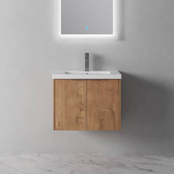 Unbranded 24 in. W x 18 in. D x 20 in. H Single Sink Wall Mounted Bath Vanity in Imitative Oak with White Top with White Basin