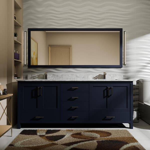 Jacques 72 in. W x 22 in. D Navy Blue Double Freestanding Bath Vanity with Carrara Marble Top and 70 in. Mirror