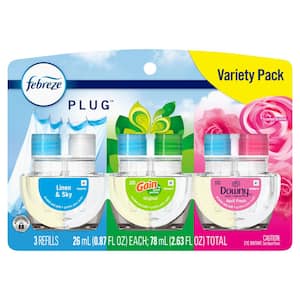 2.63 oz Variety Pack Plug Linen & Sky Gain Original, & Downy April Fresh Scent Automatic Air Freshener (3 Refills)