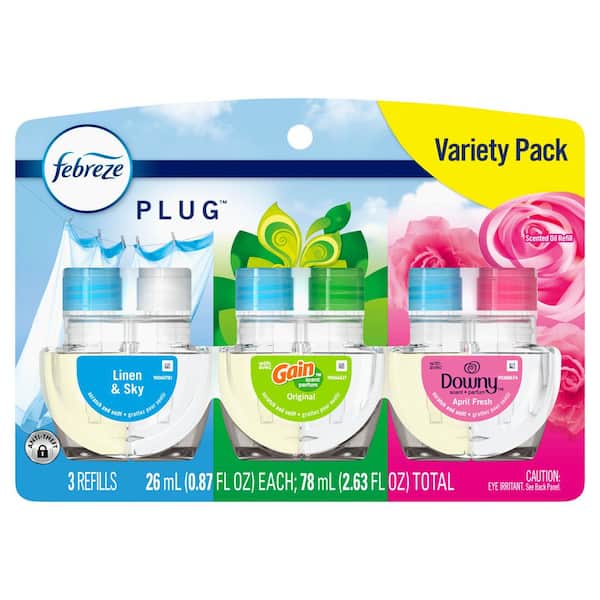 2.63 oz Variety Pack Plug Linen & Sky Gain Original, & Downy April Fresh Scent Automatic Air Freshener (3 Refills)