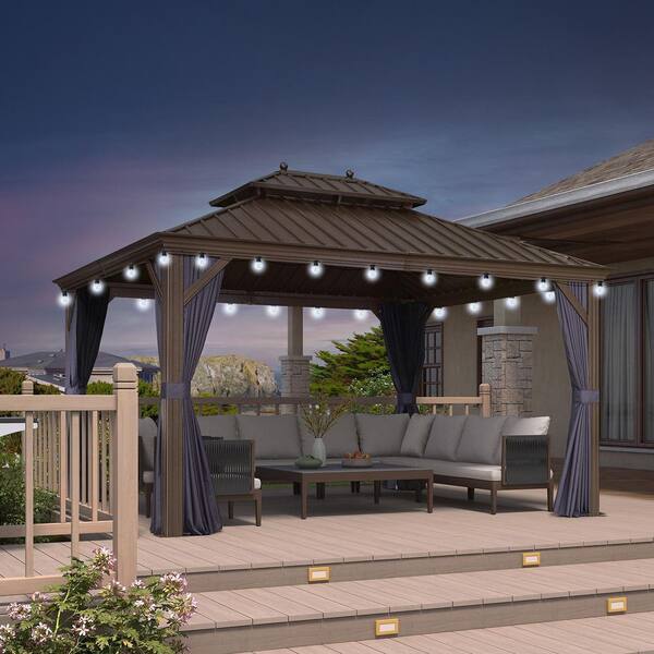 10 ft.x 14 ft.Bronze Patio Outdoor Gazebo for Backyard Hardtop Aluminum Frame with Hooks,Netting ,Blue Curtain,24 Lights