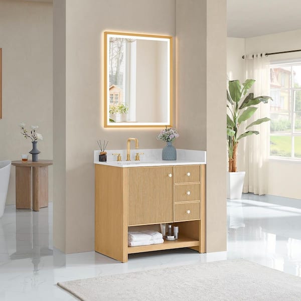 Cecil 36 in. Single Freestanding White Oak Bath Vanity with Grain White Engineered Stone Top Assembled