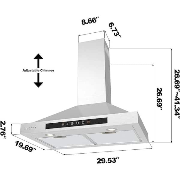 CIARRA Wall Mount Range Hood 30 inch 450CFM with Push Button
