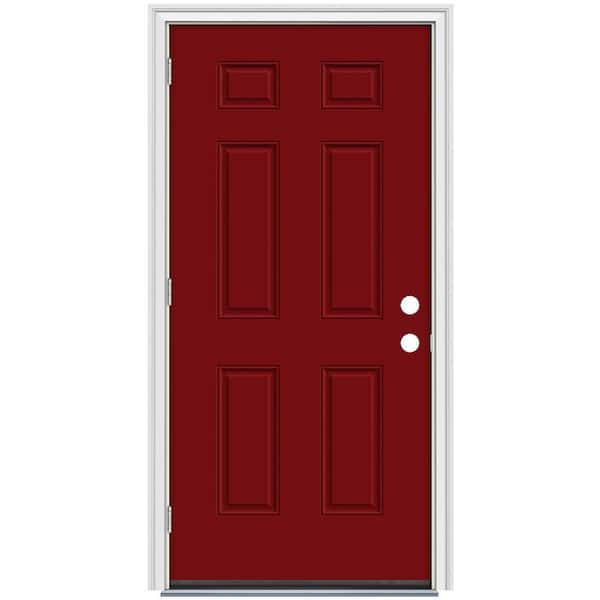 36 in. x 80 in. 6-Panel Cranberry Red Painted Steel Prehung Right-Hand Outswing Front Door with Brickmould