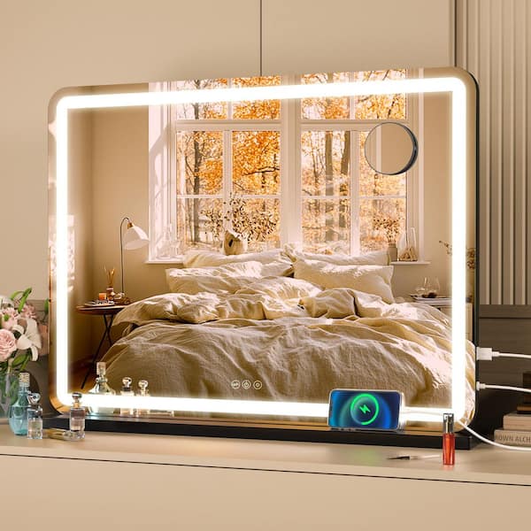 Vosuja 32 in. W x 22 in. H Rectangle Round Black Frame Vanity Mirror with Lights, LED Makeup Mirror with Dimmable 3 Modes