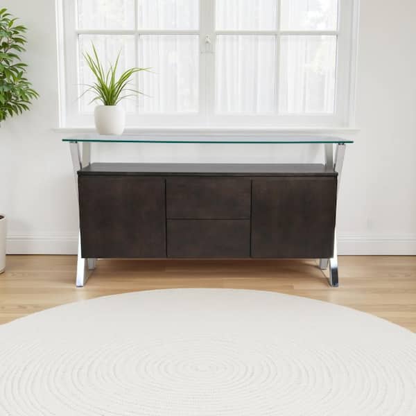 Tia Espresso Brown and Chrome Glass 63 in. Sideboard Buffet Console with 2 Doors